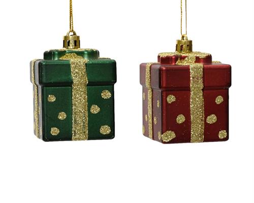 PENDENTE PACCO REGALO VERDE/ROSSO GLITTER ORO 6,8X5 CM 1 PZ