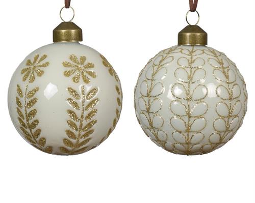 PALLINA DI NATALE BIANCO OPACA  DECORO ORO 2 ASS