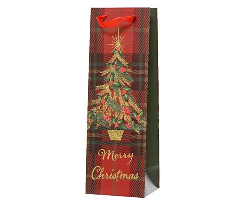 BUSTA REGALO PORTABOTTIGLIA SCOZZESE  MERRY CHRISTMAS H.36X12X10