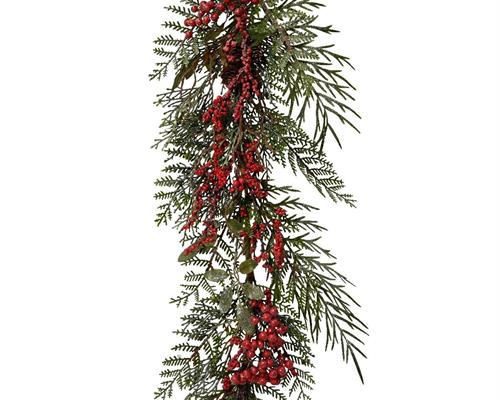 GHIRLANDA NATALIZIA CON BACCHE ROSSE GLITTERATE 180 CM