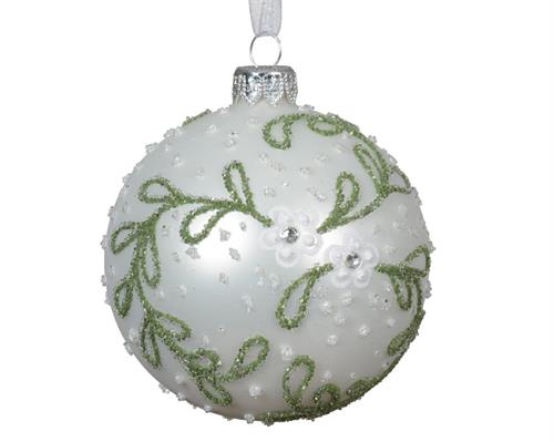 PALLINA DI NATALE BIANCO OPACO DECORO VERDE 8 CM