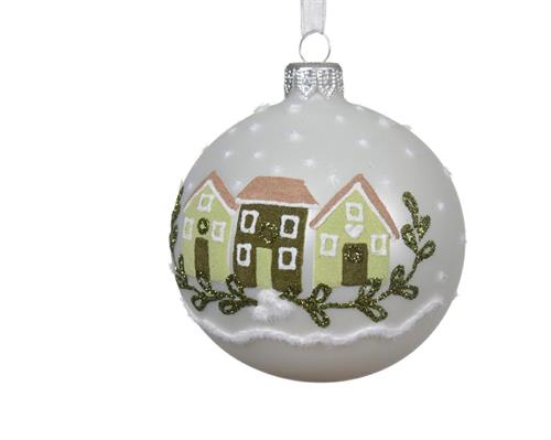 PALLINA DI NATALE BIANCO OPACO DECORO CASETTE 8 CM