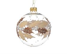 PALLINA DI NATALE TRASPARENTE DECORO AGRIFOGLIO MARRONE 8CM