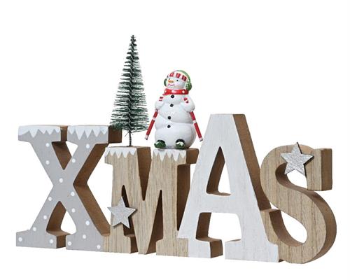 SCRITTA XMAS IN LEGNO CON PUPAZZO DI NEVE E ALBERO H.15X24 CM