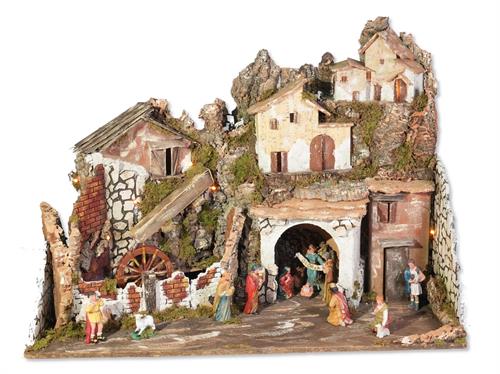 PRESEPE CON LUCI MULINO A POMPA E NATIVITA' 13 PZ 10 CM 76X40X54