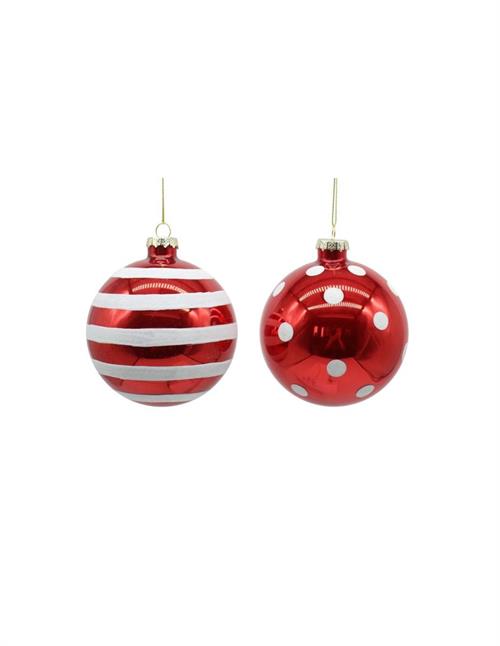 PALLINA DI NATALE VETRO ROSSO RIGHE/POIS 10 CM