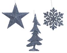 PENDENTE PER ALBERO DI NATALE BLU GLITTERATO FIGURE ASSORTITE