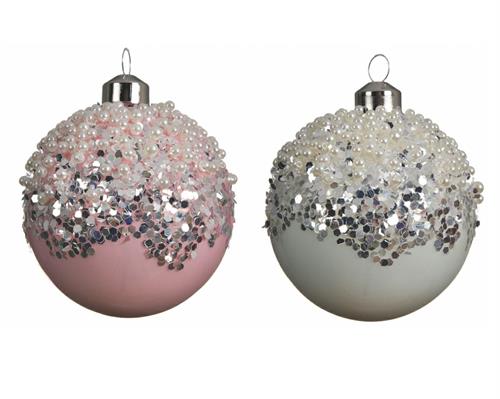 PALLINA PER ALBERO 8CM BIANCO/ROSA CON GLITTER ARGENTO