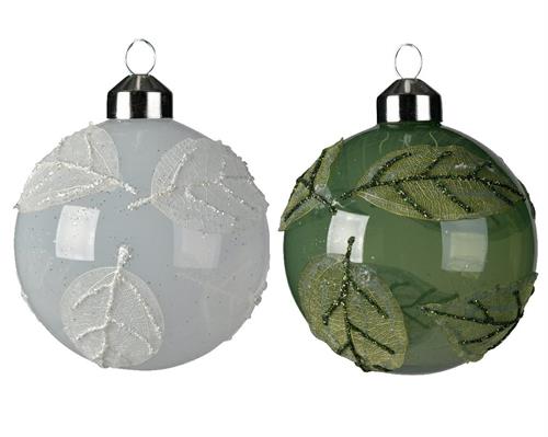 PALLINA PER ALBERO 8CM BIANCO/VERDE CON DECORO FOGLIA