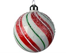 PALLINA DI NATALE 10CM BIANCA CON RIGHE ROSSO/VERDE