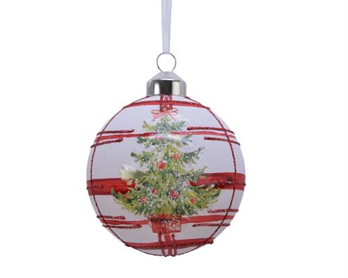 PALLINA PER ALBERO 8CM BIANCA CON DECORO ALBERO