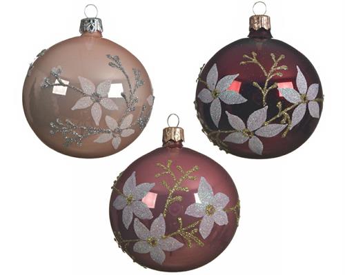 PALLINA PER ALBERO 8CM CIPRIA/ROSA/ROSSO SCURO CON DECORO FIORI