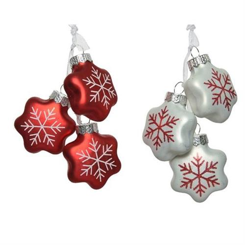 PENDENTI PER ALBERO FIOCCHI DI NEVE ROSSO/BIANCO 4CM 3PZ