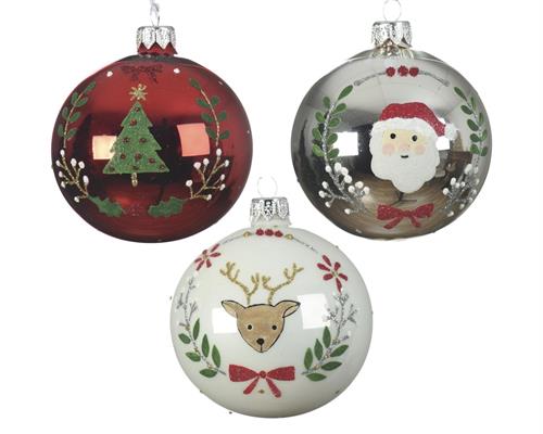 PALLINA DI NATALE DECORATA BIANCO-ROSSO-ARGENTO 3 ASSORTITE