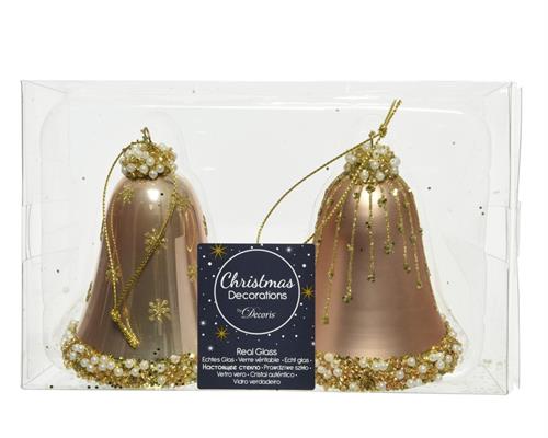 CAMPANE 8 CM IN VETRO CHAMPAGNE CON DECORI ORO 2 PZ