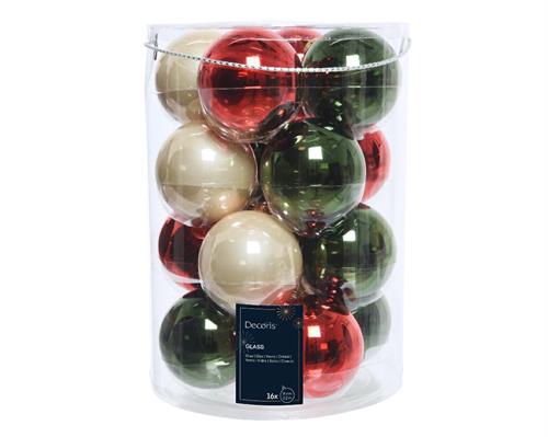 PALLINE DI NATALE VERDE PINO-ROSSO-PERLA 8CM CONFEZIONE 16 PZ