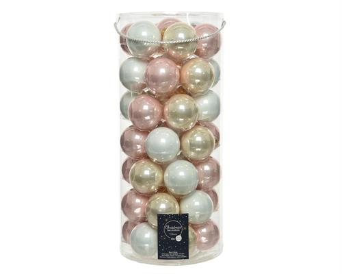 PALLINE DI NATALE BIANCO-ROSA-PERLA 6 CM CONFEZIONE 49 PZ