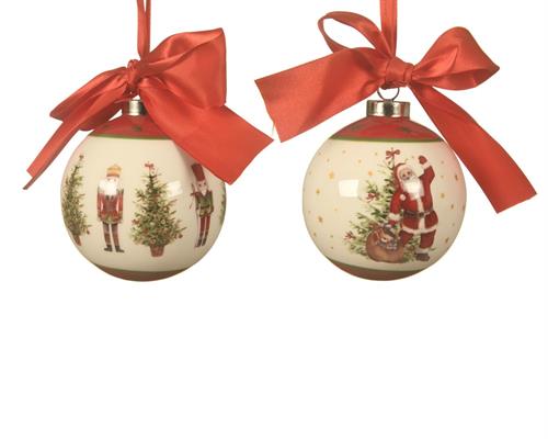 PALLINA DI NATALE IN CERAMICA FIOCCO ROSSO 2 DECORI 8 CM