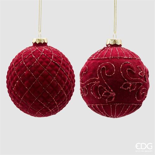 PALLINA DI NATALE VETRO VELUTO BORDEAUX DECORATA 10 CM - EDG -