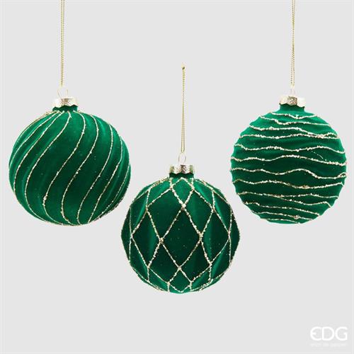 PALLINA DI NATALE VETRO VELLUTO VERDE DECORATO 3 ASS. - EDG -