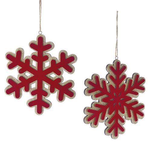 PENDENTE FIOCCO DI NEVE IN LEGNO ROSSO ORO GLITTER 14X14X1 CM