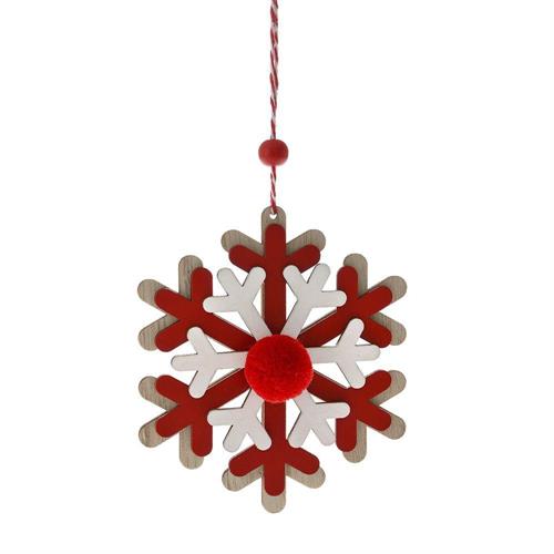 PENDENTE FIOCCO DI NEVE IN LEGNO BIANCO ROSSO 10,5X12 CM