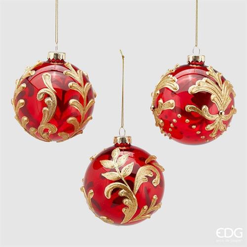 PALLINA DI NATALE VETRO ROSSO DECORO ORO 10 CM - EDG -