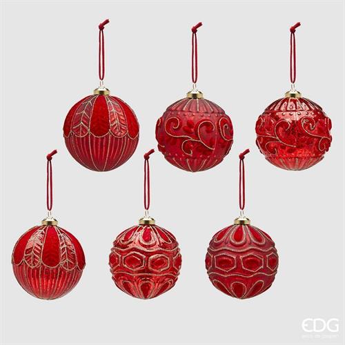 PALLINA DI NATALE VETRO ROSSO DECORI VELLUTO 10 CM - EDG -