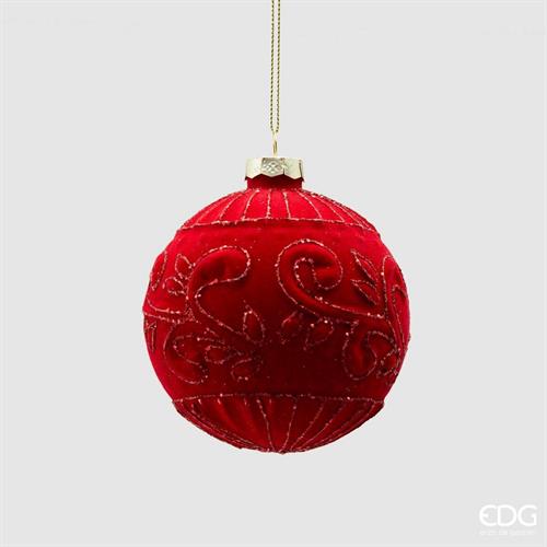 PALLINA DI NATALE VETRO ROSSO DECORI VELLUTO 10 CM - EDG -