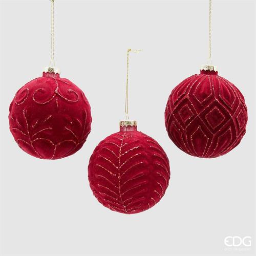 PALLINA DI NATALE VETRO VELLUTO ROSSO DECORATA 10 CM - EDG -