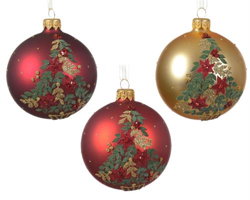 PALLINA IN VETRO ROSSO/ORO OPACA DECORO ALBERO FLOREALE 8 CM