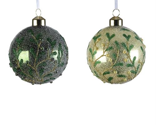 PALLINA IN VETRO ORO / VERDE GLITTER DECORO RAMI FOGLIE 1PZ 8 CM