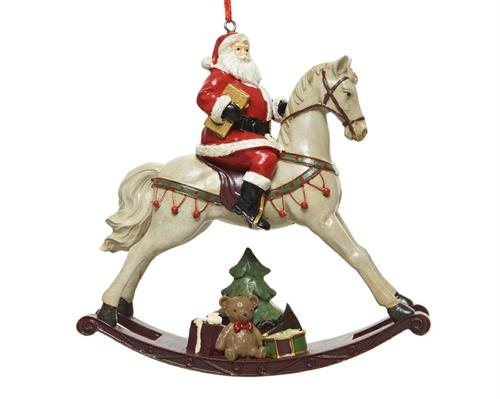 PENDENTE BABBO NATALE SU CAVALLO A DONDOLO POLIRESINA H.14X14CM