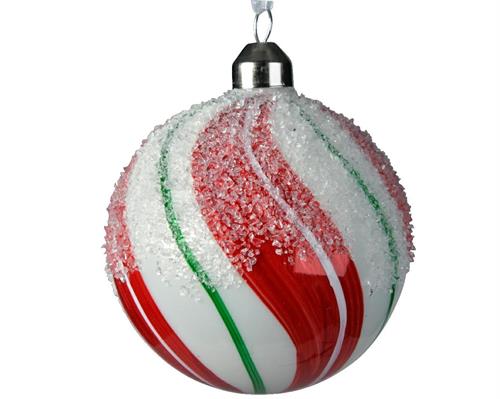 PALLINA PER ALBERO 8CM IN VETRO A RIGHE BIANCO/ROSSO/VERDE